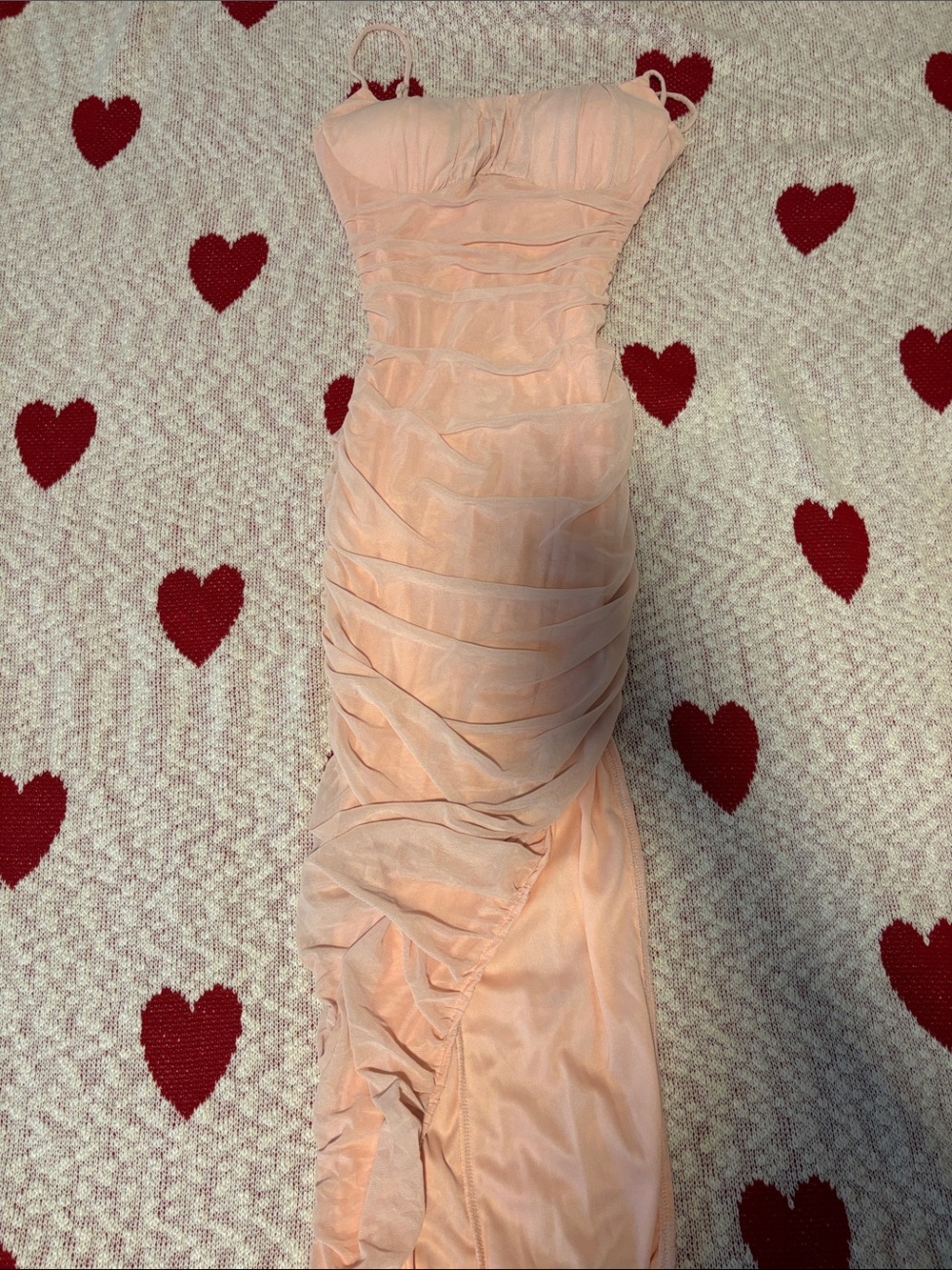 privy Peach Ruched Strapless Midi Dress